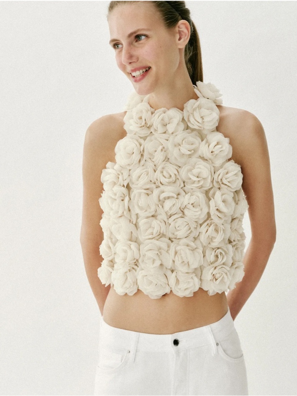 Zara FLORAL TEXTURED KNIT HALTER TOP